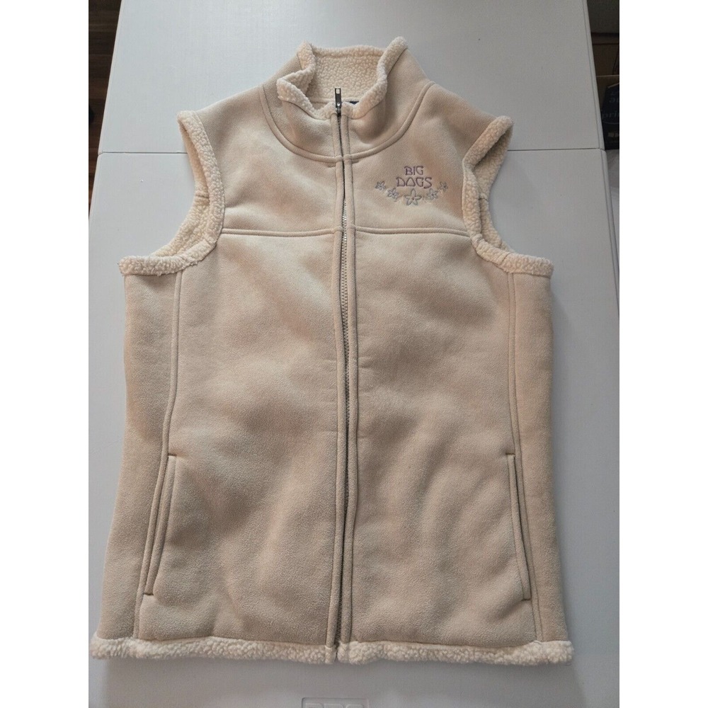 Big Dogs Fleece Lined Vest Tan Sherpa Trim Full Zip Embroidered Logo Size Medium